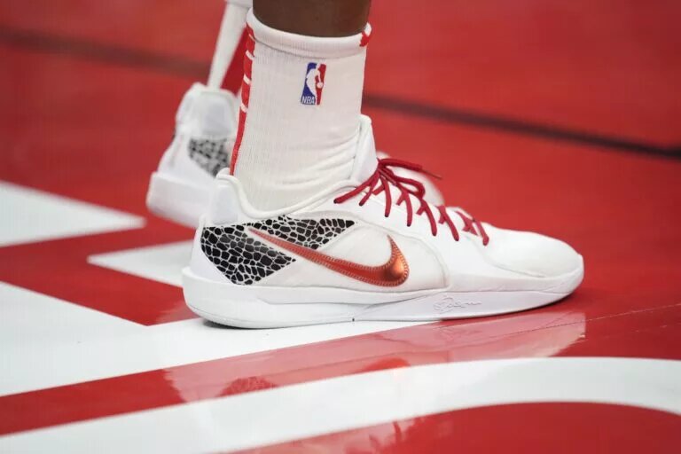 Dec 22, 2024; Toronto, Ontario, CAN; The shoes worn by Houston Rockets forward Amen Thompson (1) during a game against the Toronto Raptors at Scotiabank Arena. Mandatory Credit: John E. Sokolowski-Imagn Images