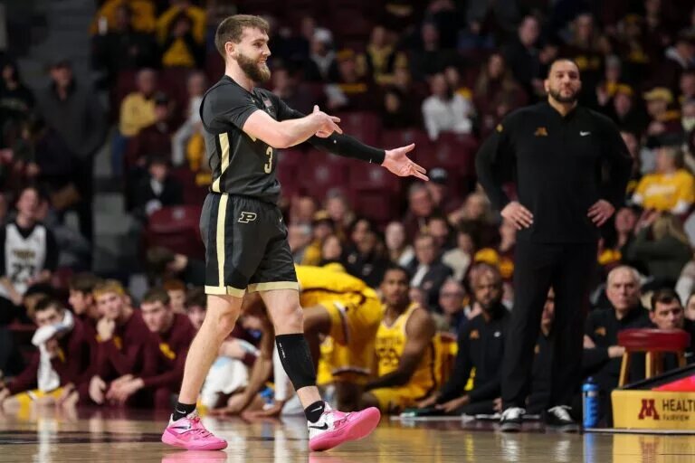 Purdue Boilermakers guard Braden Smith (3) celebrates against the Minnesota Golden Gophers during the second half at Williams Arena.