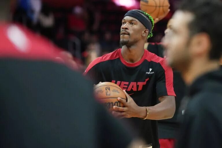 Jan 2, 2025; Miami, Florida, USA; Miami Heat forward Jimmy Butler (22) warms-up before the game against the Indiana Pacers at Kaseya Center.