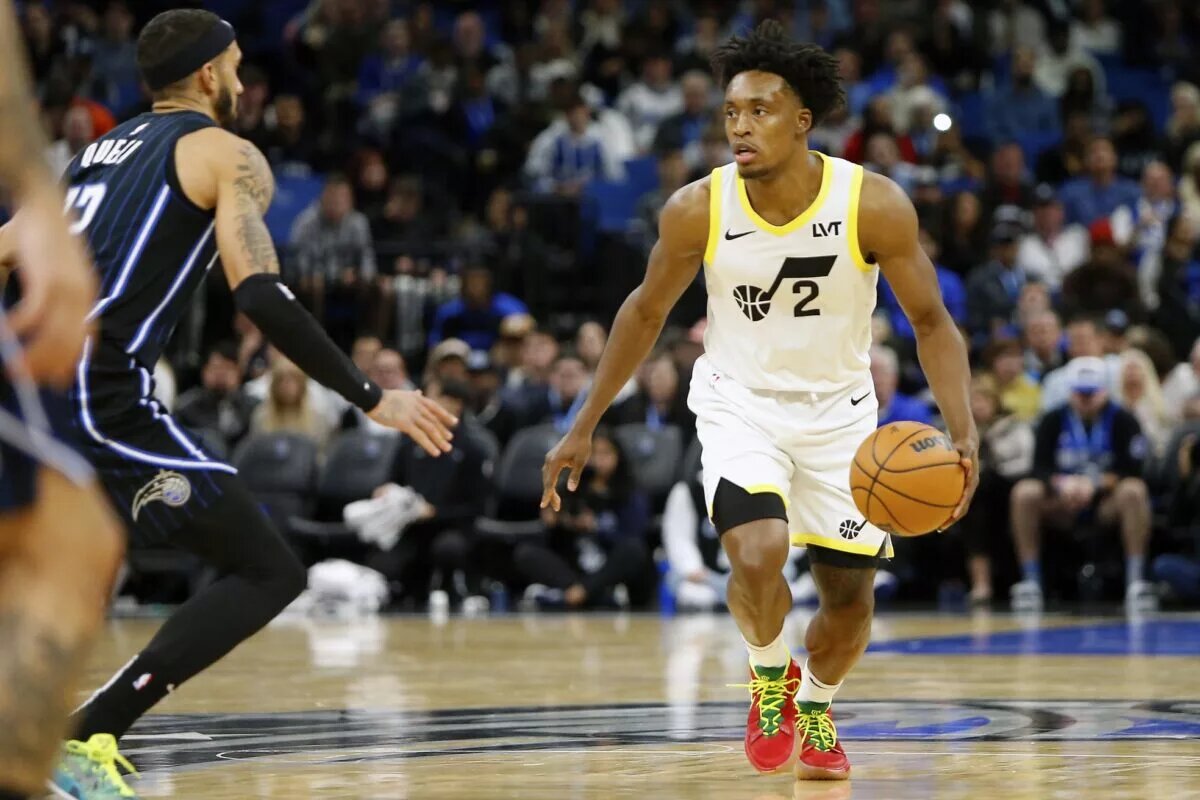 Utah Jazz guard Collin Sexton sizes up the Orlando Magic defense