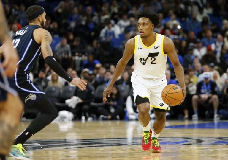 Utah Jazz guard Collin Sexton sizes up the Orlando Magic defense