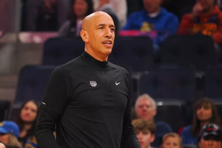 Jan 5, 2025; San Francisco, California, USA; Sacramento Kings interim head coach Doug Christie on the sideline during the first quarter against the Golden State Warriors at Chase Center. Mandatory Credit: Kelley L Cox-Imagn Images