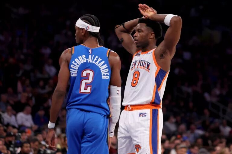New York Knicks forward OG Anunoby (8) reacts during the third quarter against Oklahoma City Thunder guard Shai Gilgeous-Alexander (2) at Madison Square Garden.