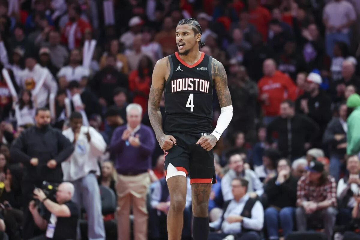 Jan 13, 2025; Houston, Texas, USA; Houston Rockets guard Jalen Green (4) reacts after a play during the second half against the Memphis Grizzlies at Toyota Center. Mandatory Credit: Troy Taormina-Imagn Images