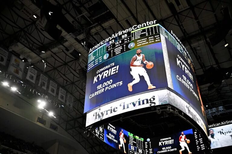 Dallas Mavericks guard Kyrie Irving's milestone displayed on Jumbotron after reaching 18,000 career points