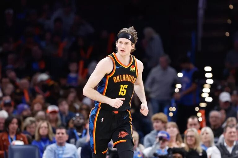 Jan 19, 2025; Oklahoma City, Oklahoma, USA; Oklahoma City Thunder center Branden Carlson (15) runs down the court against the Brooklyn Nets during the second half at Paycom center