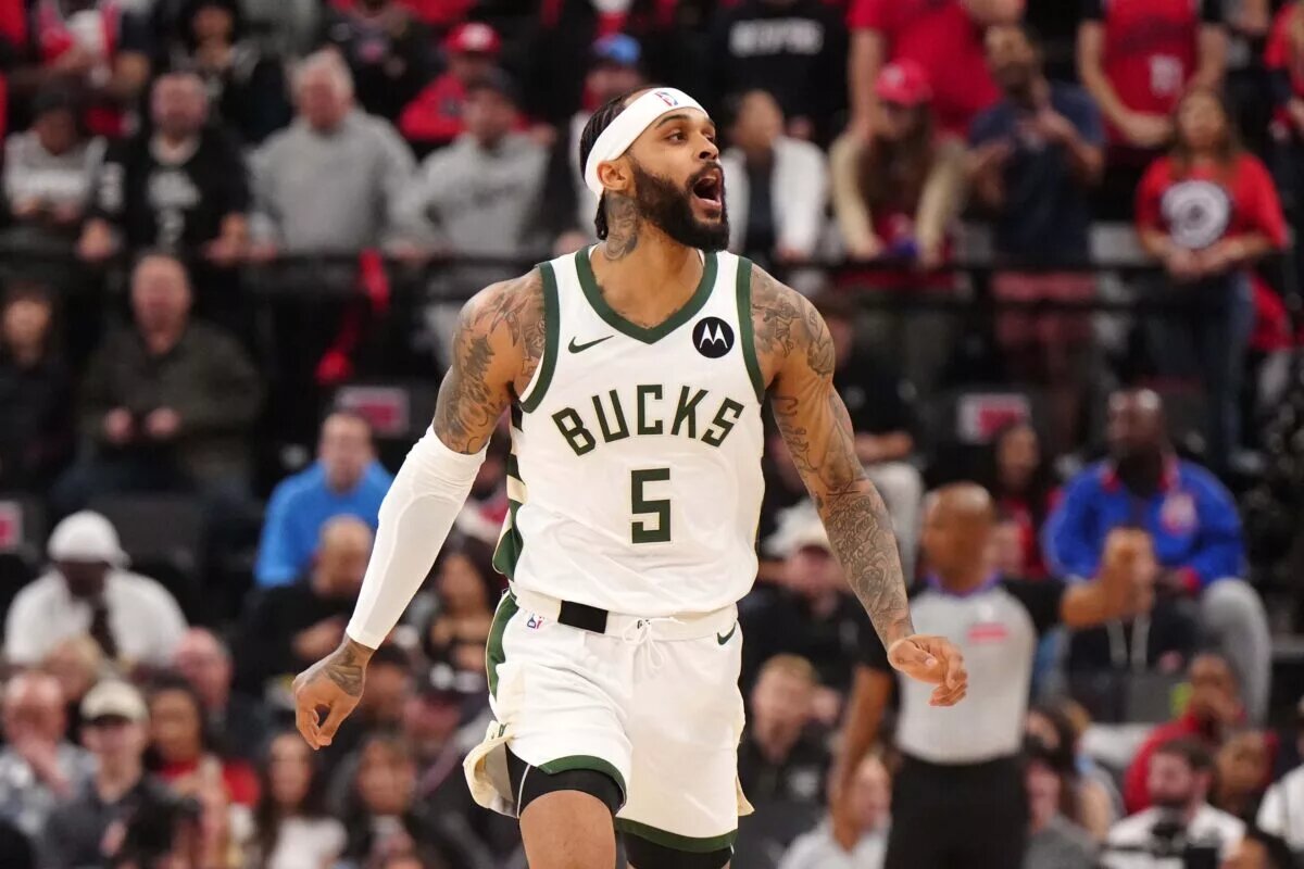 Milwaukee Bucks guard Gary Trent Jr. (5) reacts against the LA Clippers in the first half at Intuit Dome.