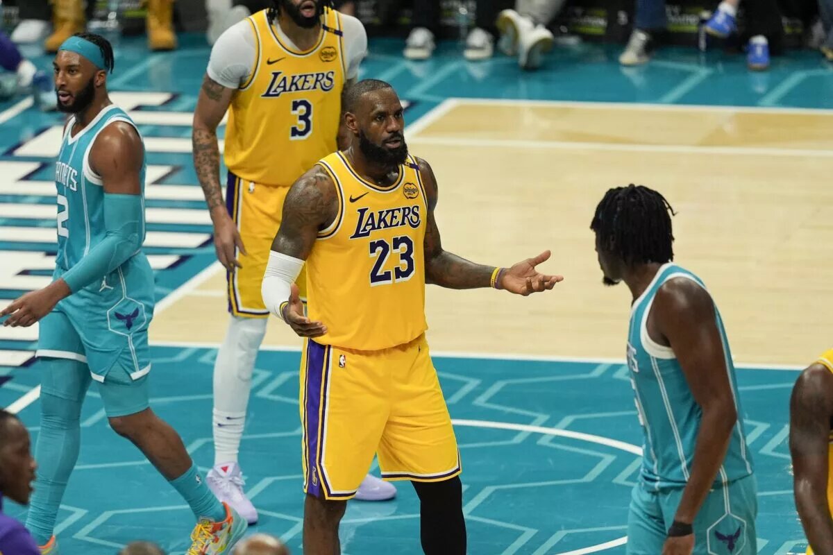 Los Angeles Lakers forward LeBron James reacts to a call