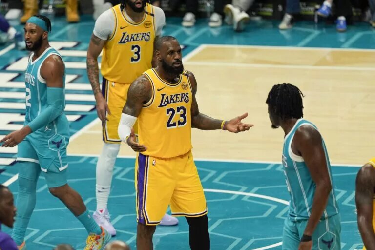 Los Angeles Lakers forward LeBron James reacts to a call