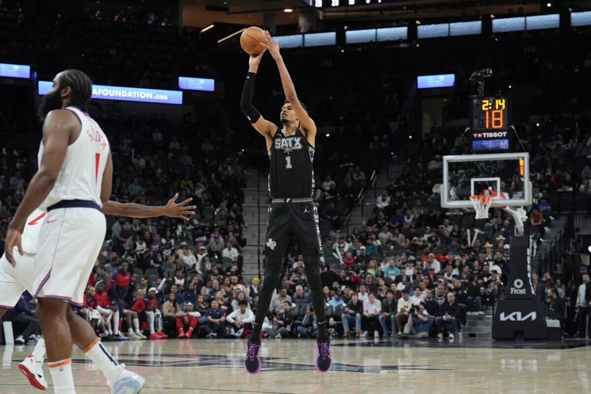 Jan 29, 2025; San Antonio, Texas, USA; San Antonio Spurs center Victor Wembanyama (1) shoots in the second half against the LA Clippers at Frost Bank Center.
