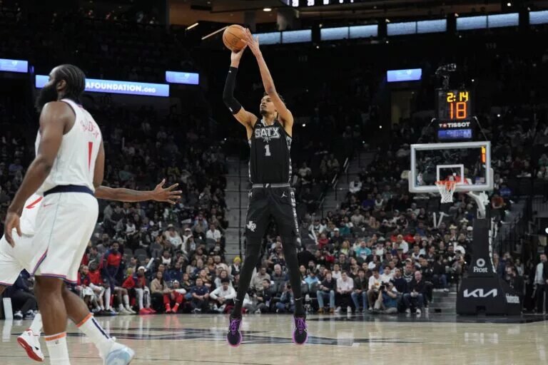 Jan 29, 2025; San Antonio, Texas, USA; San Antonio Spurs center Victor Wembanyama (1) shoots in the second half against the LA Clippers at Frost Bank Center.