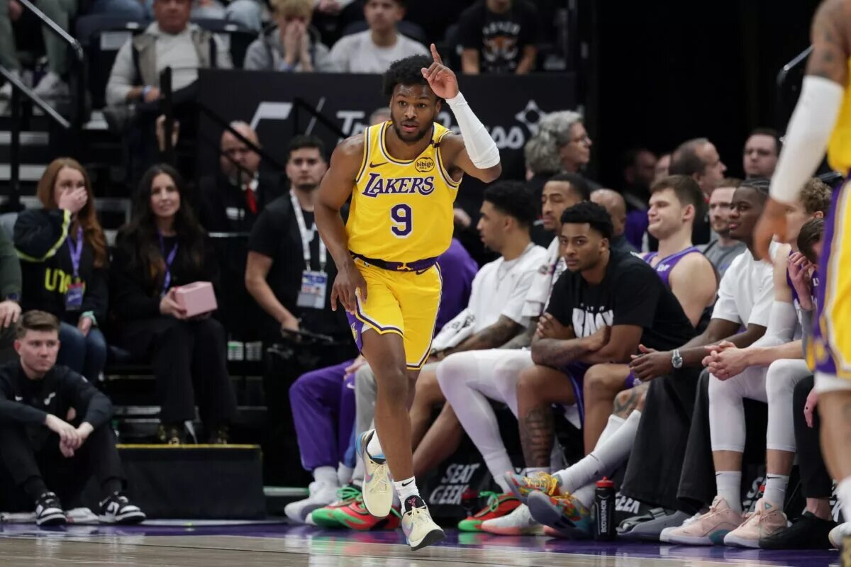 Los Angeles Lakers guard Bronny James (9) celebrates after making a three