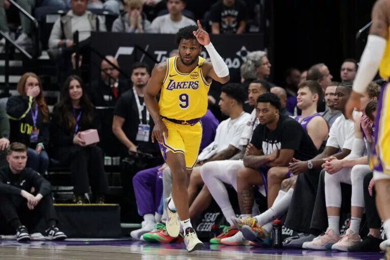 Los Angeles Lakers guard Bronny James (9) celebrates after making a three
