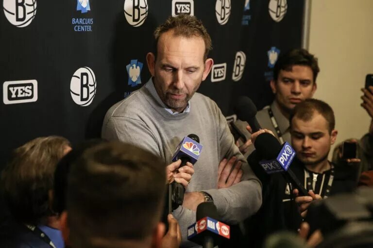 Brooklyn Nets General Manager Sean Marks addresses the media prior to the game against the Chicago Bulls at Barclays Center.
