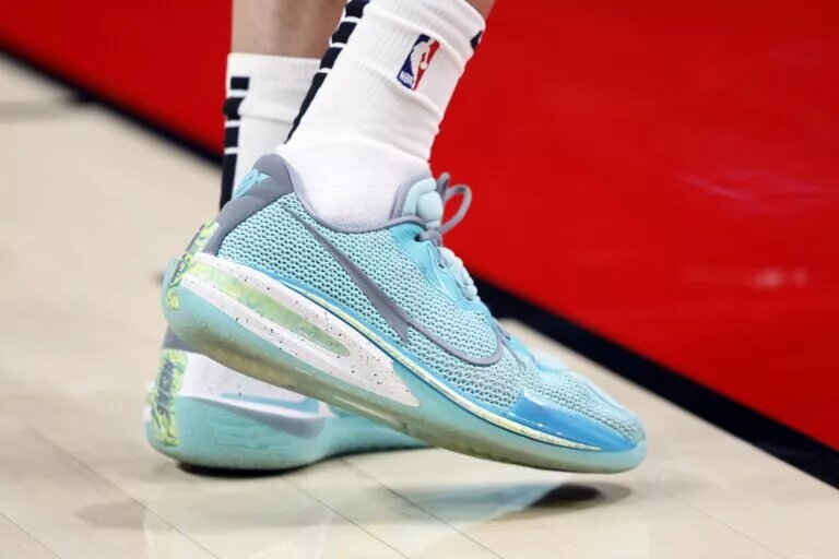 Mar 27, 2023; Portland, Oregon, USA; A general view of the sneakers worn by Portland Trail Blazers forward Kevin Knox II (11) prior to a game against the New Orleans Pelicans at Moda Center. Mandatory Credit: Soobum Im-USA TODAY Sports