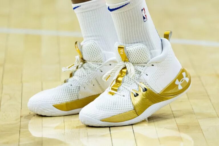 Apr 17, 2023; Philadelphia, Pennsylvania, USA; Sneakers of Philadelphia 76ers center Joel Embiid before action against the Brooklyn Nets in game two of the 2023 NBA playoffs at Wells Fargo Center. Mandatory Credit: Bill Streicher-USA TODAY Sports
