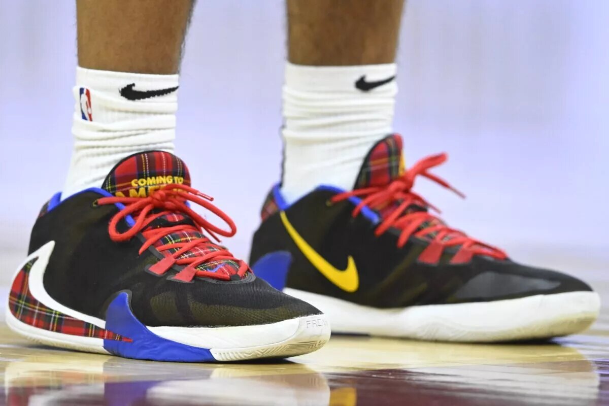 Nov 30, 2023; Cleveland, Ohio, USA; A general view of the shoes of Portland Trail Blazers guard Malcolm Brogdon (11) in the second quarter against the Cleveland Cavaliers at Rocket Mortgage FieldHouse. Mandatory Credit: David Richard-USA TODAY Sports