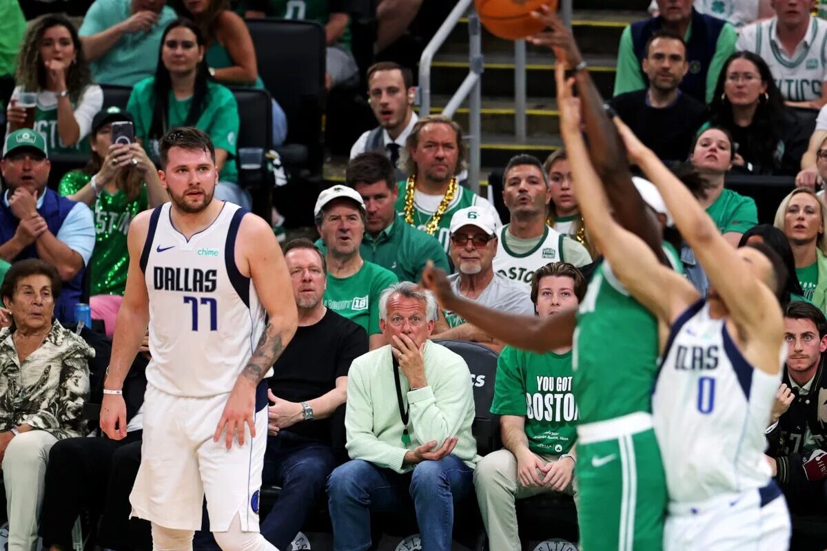 Jun 17, 2024; Boston, Massachusetts, USA; Dallas Mavericks guard Luka Doncic (77) looks on against the Boston Celtics in game five of the 2024 NBA Finals at TD Garden. Mandatory Credit: Peter Casey-USA TODAY Sports