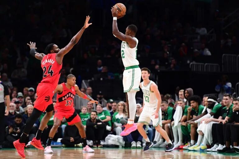 Lonnie Walker IV (Boston Celtics) shoots over the Toronto Raptors defense