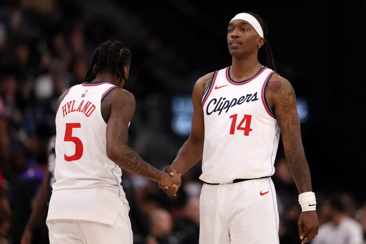 Atlanta Hawks guard Bones Hyland and Terance Mann before Los Angeles Clippers trade