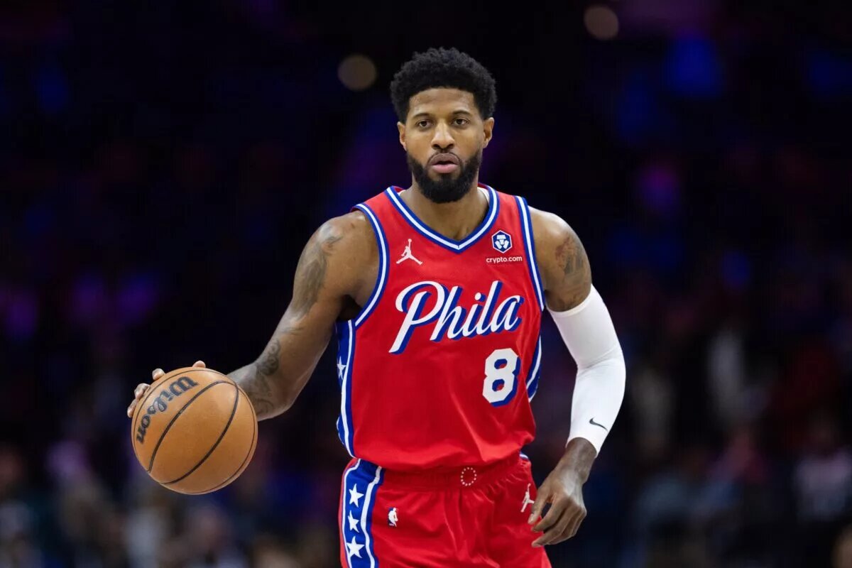 Jan 10, 2025; Philadelphia, Pennsylvania, USA; Philadelphia 76ers forward Paul George (8) dribbles the ball against the New Orleans Pelicans during the first quarter at Wells Fargo Center. Mandatory Credit: Bill Streicher-Imagn Images