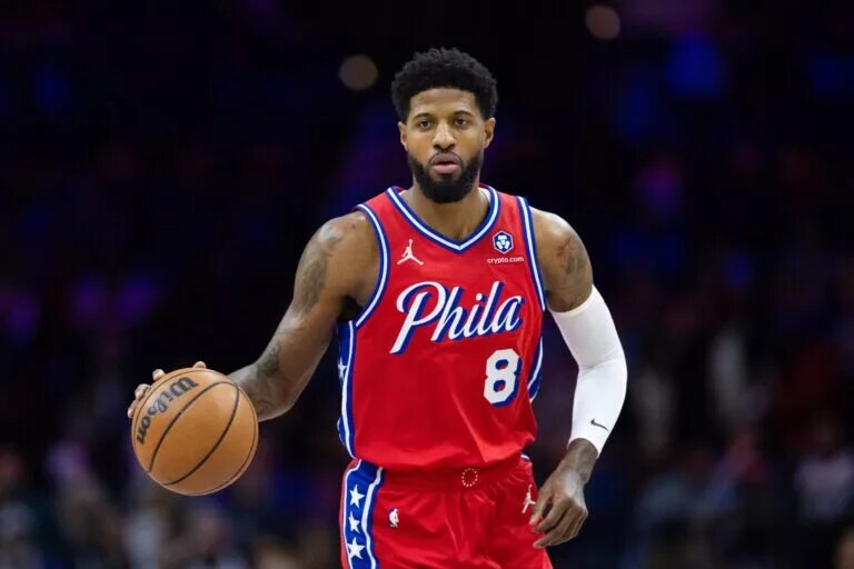Jan 10, 2025; Philadelphia, Pennsylvania, USA; Philadelphia 76ers forward Paul George (8) dribbles the ball against the New Orleans Pelicans during the first quarter at Wells Fargo Center. Mandatory Credit: Bill Streicher-Imagn Images