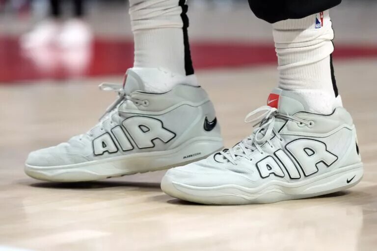 Jan 14, 2025; Portland, Oregon, USA; The sneakers worn by Brooklyn Nets point guard Ben Simmons (10) prior to a game against the Portland Trail Blazers at Moda Center. Mandatory Credit: Soobum Im-Imagn Images