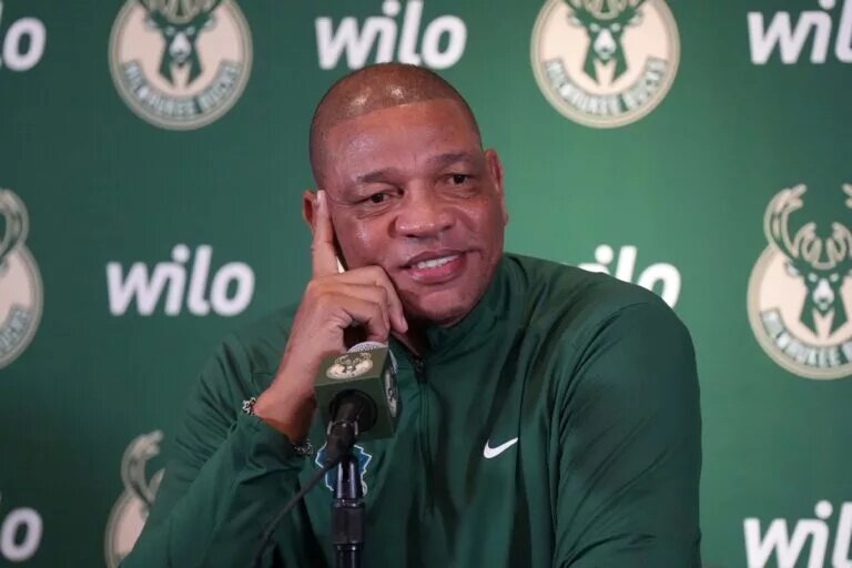 Jan 25, 2025; Inglewood, California, USA; Milwaukee Bucks coach Doc Rivers at a press conference before the game against the Los Angeles Clippers at the Intuit Dome. Mandatory Credit: Kirby Lee-Imagn Images