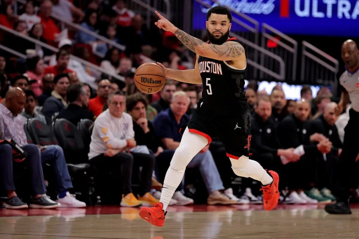 Houston Rockets guard Fred VanVleet (5) handles the ball against the Brooklyn Nets during the first quarter at Toyota Center.