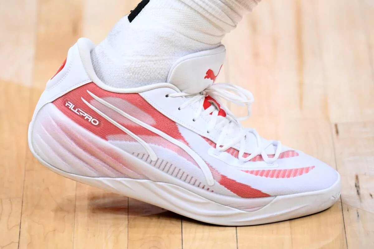 Feb 2, 2025; Toronto, Ontario, CAN; A view of a shoe worn by Toronto Raptors forward RJ Barrett (9) against the Los Angeles Clippers at Scotiabank Arena. Mandatory Credit: Dan Hamilton-Imagn Images