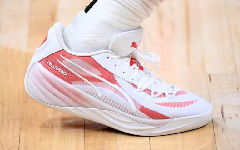 Feb 2, 2025; Toronto, Ontario, CAN; A view of a shoe worn by Toronto Raptors forward RJ Barrett (9) against the Los Angeles Clippers at Scotiabank Arena. Mandatory Credit: Dan Hamilton-Imagn Images
