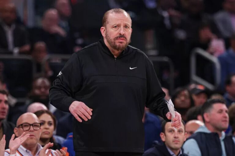Feb 3, 2025; New York, New York, USA; New York Knicks head coach Tom Thibodeau reacts during the first half against the Houston Rockets at Madison Square Garden. Mandatory Credit: Vincent Carchietta-Imagn Images