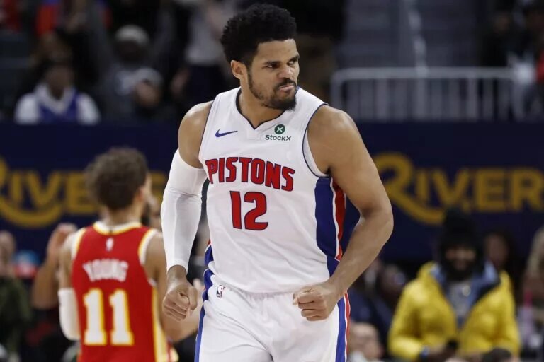 Detroit Pistons forward Tobias Harris (12) reacts in the second half against the Atlanta Hawks at Little Caesars Arena.