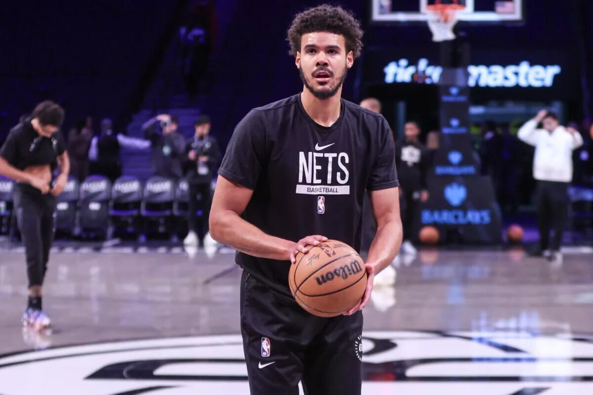 Feb 5, 2025; Brooklyn, New York, USA; Brooklyn Nets forward Cameron Johnson (2) warms up prior to the game against the Washington Wizards at Barclays Center. Mandatory Credit: Wendell Cruz-Imagn Images