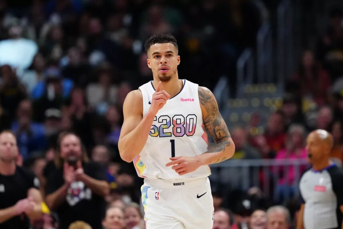 Denver Nuggets forward Michael Porter Jr. (1) reacts after a basket in the second quarter against the New Orleans Pelicans at Ball Arena.