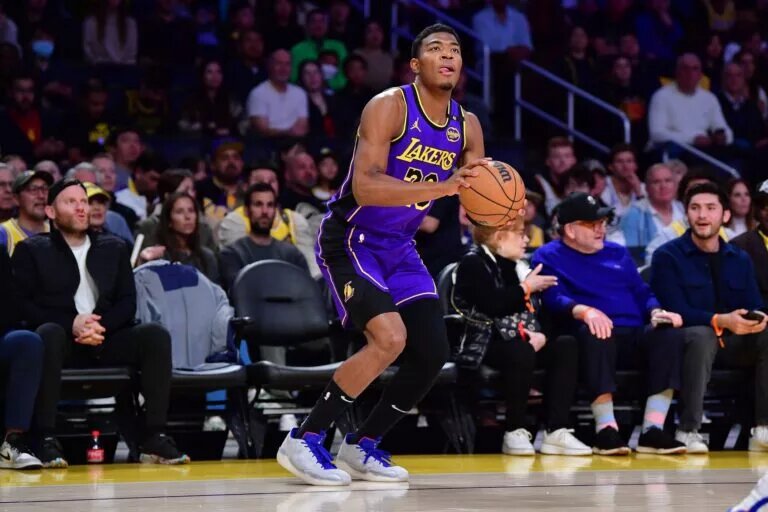 Feb 6, 2025; Los Angeles, California, USA; Los Angeles Lakers forward Rui Hachimura (28) shoots against the Golden State Warriors during the first half at Crypto.com Arena. Mandatory Credit: Gary A. Vasquez-Imagn Images
