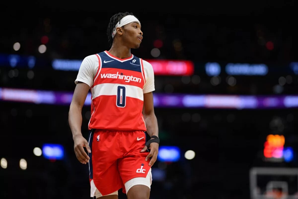 Washington Wizards guard Bilal Coulibaly (0) looks on during the second quarter against the Cleveland Cavaliers at Capital One Arena.
