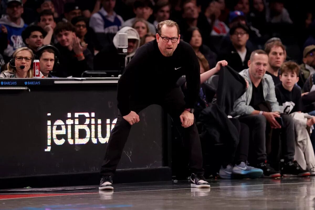 Feb 12, 2025; Brooklyn, New York, USA; Philadelphia 76ers head coach Nick Nurse coaches against the Brooklyn Nets during the fourth quarter at Barclays Center. Mandatory Credit: Brad Penner-Imagn Images