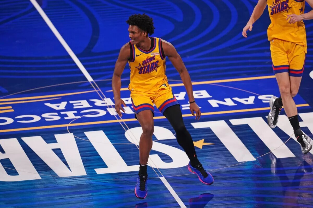 Team M guard Amen Thompson (1) of the Houston Rockets looks on during the 2025 NBA Rising Stars Game at Chase Center.