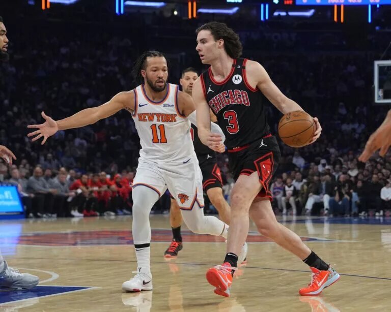 Feb 20, 2025; New York, New York, USA; Chicago Bulls shooting guard Josh Giddey (3) dribbles the ball against New York Knicks point guard Jalen Brunson (11) during the first quarter at Madison Square Garden. Mandatory Credit: Gregory Fisher-Imagn Images