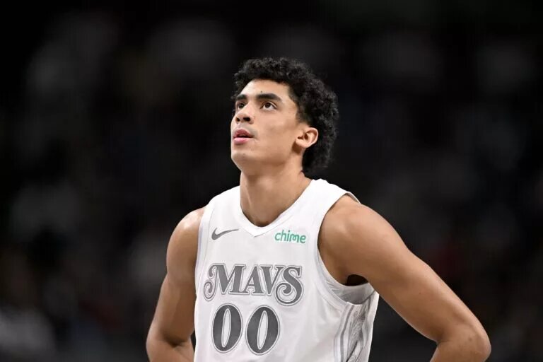 Feb 21, 2025; Dallas, Texas, USA; Dallas Mavericks guard Max Christie (00) looks on during the second half of the game against the New Orleans Pelicans at the American Airlines Center. Mandatory Credit: Jerome Miron-Imagn Images