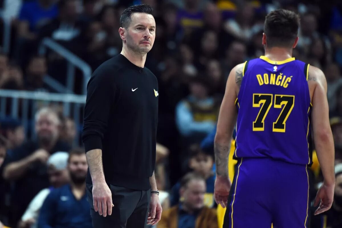 Feb 22, 2025; Denver, Colorado, USA; Los Angeles Lakers head coach JJ Redick looks on from the sideline during the second half against the Denver Nuggets at Ball Arena. Mandatory Credit: Christopher Hanewinckel-Imagn Images