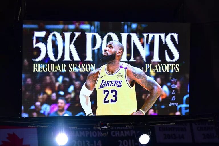 Video board displaying 50,000 career point milestone for Los Angeles Lakers forward LeBron James (23)