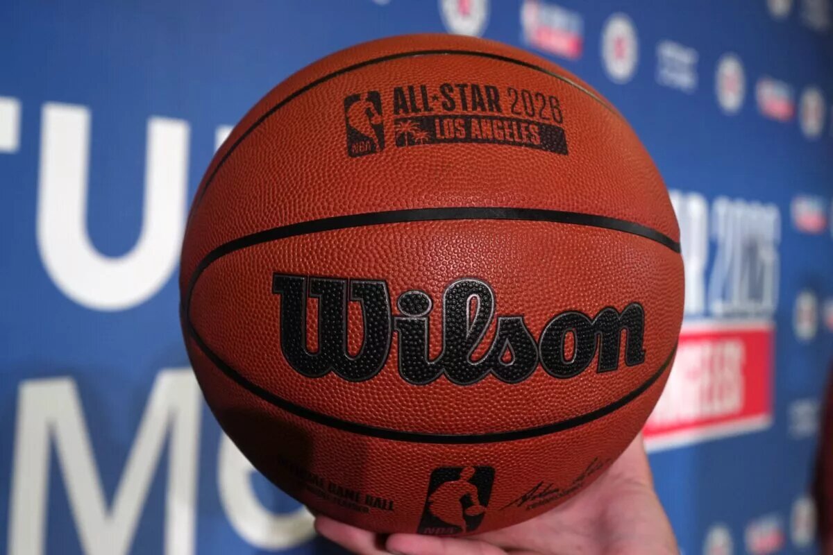Jan 16, 2024; Inglewood, California, USA; A NBA official Wilson game ball with the 2026 NBA All-Star Game logo is displayed at a press conference at the Intuit Dome. Mandatory Credit: Kirby Lee-USA TODAY Sports Victor Oladipo Stephen Curry