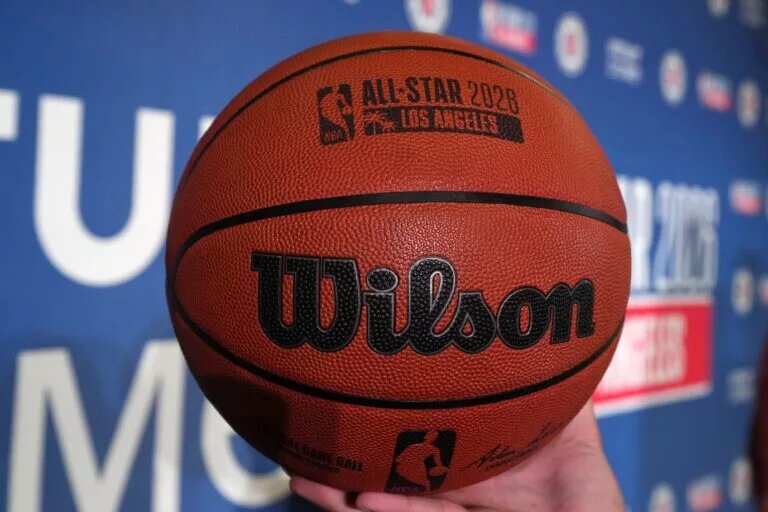 Jan 16, 2024; Inglewood, California, USA; A NBA official Wilson game ball with the 2026 NBA All-Star Game logo is displayed at a press conference at the Intuit Dome. Mandatory Credit: Kirby Lee-USA TODAY Sports Victor Oladipo Stephen Curry