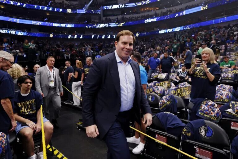 Jun 14, 2024; Dallas, Texas, USA; Dallas Mavericks owner Patrick Dumont walks onto the court before game four of the 2024 NBA Finals against the Boston Celtics at American Airlines Center. Mandatory Credit: Peter Casey-USA TODAY Sports