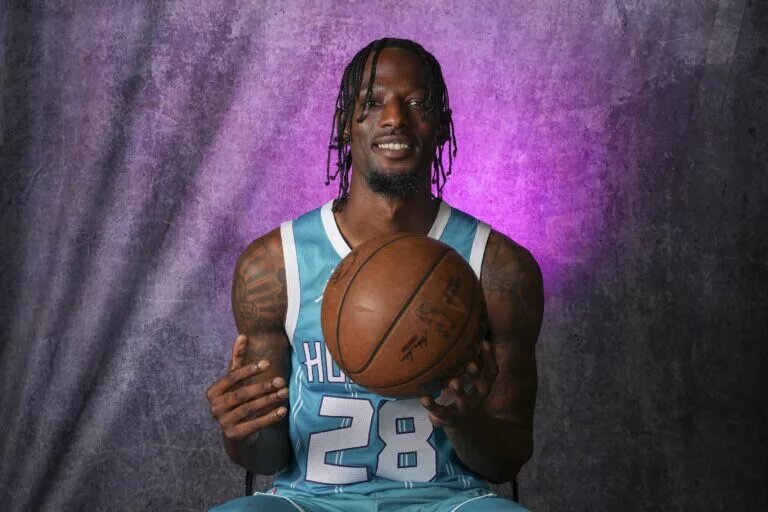 Sep 30, 2024; Charlotte, NC, USA; Charlotte Hornets guard Marcus Garrett (28) during the Charlotte Hornets Media Day at the Spectrum Center. Mandatory Credit: Jim Dedmon-Imagn Images