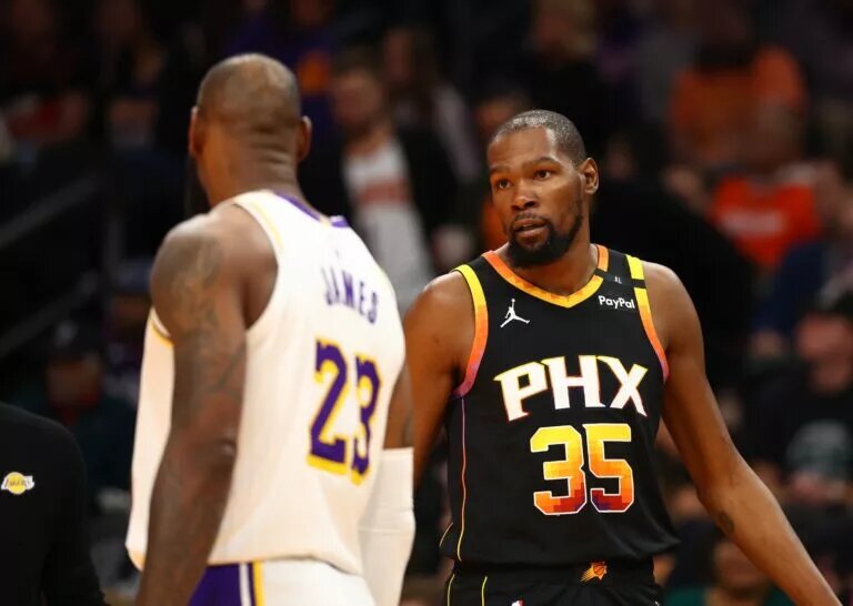 Phoenix Suns forward Kevin Durant and Los Angeles Lakers forward LeBron James