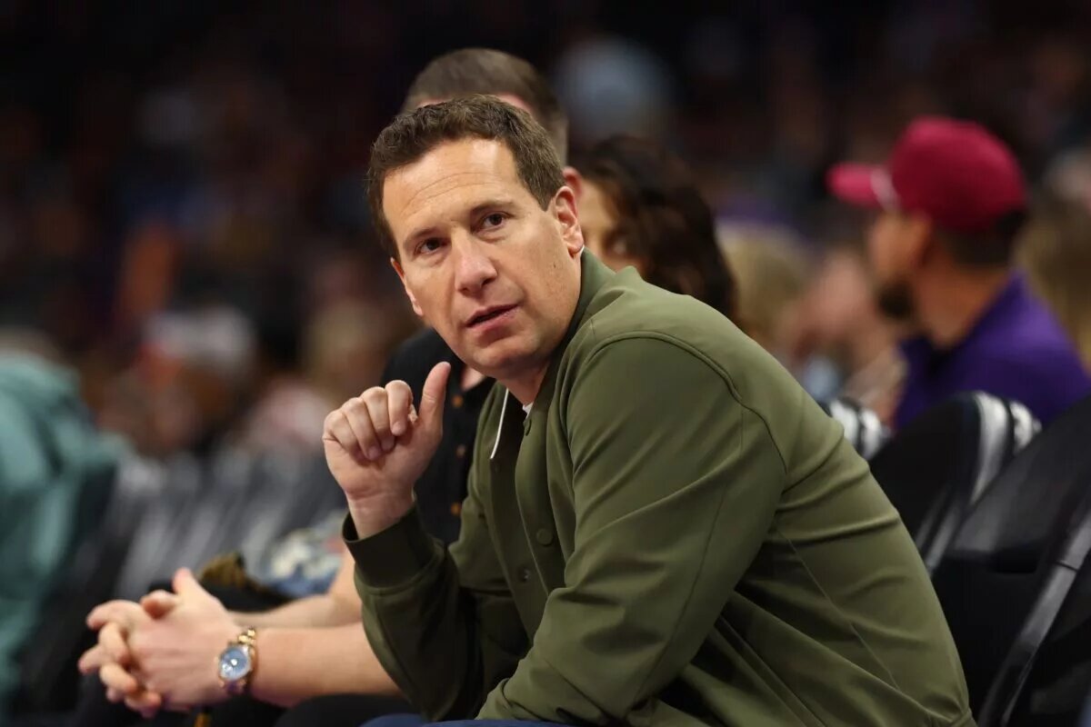 Dec 19, 2024; Phoenix, Arizona, USA; Phoenix Suns owner Mat Ishbia sits courtside against the Indiana Pacers at Footprint Center. Mandatory Credit: Mark J. Rebilas-Imagn Images