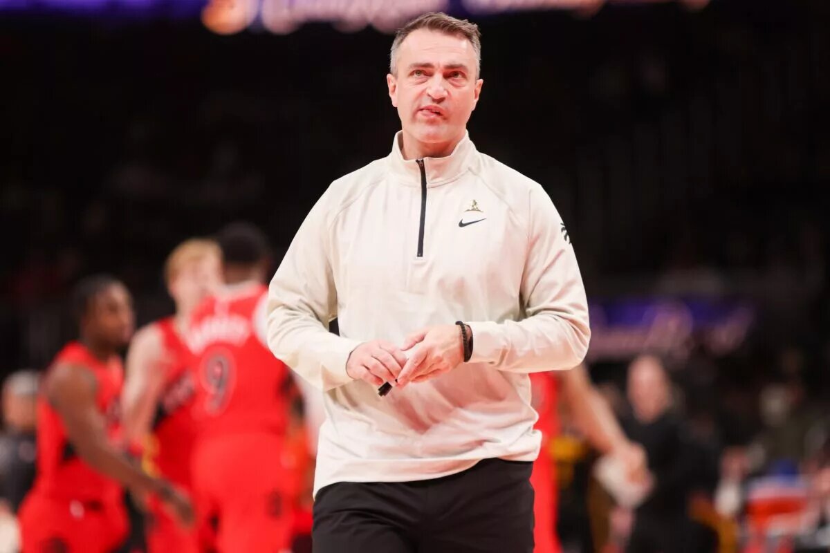 Jan 23, 2025; Atlanta, Georgia, USA; Toronto Raptors head coach Darko Rajakovic during a timeout against the Atlanta Hawks in the first quarter at State Farm Arena. Mandatory Credit: Brett Davis-Imagn Images Brandon Ingram Injury